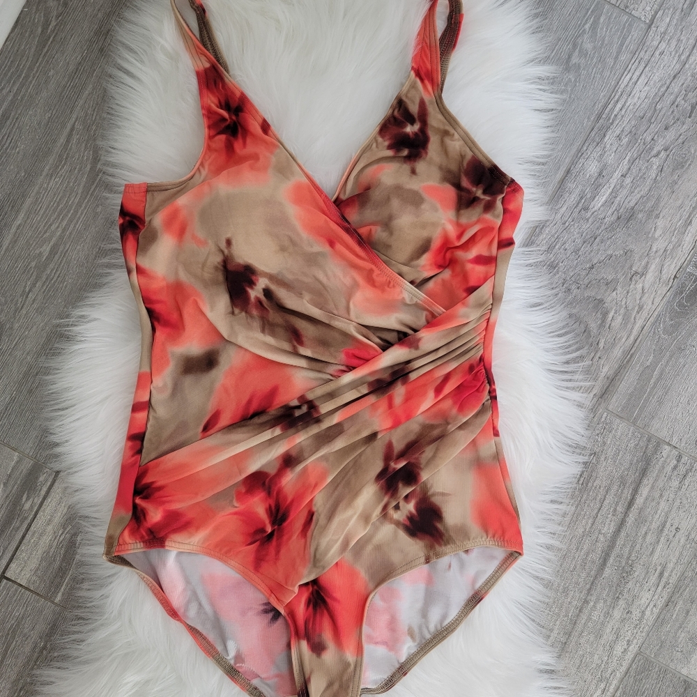 Women’s Coral & Tan Floral One-Piece Swimsuit - V-Neck Wrap